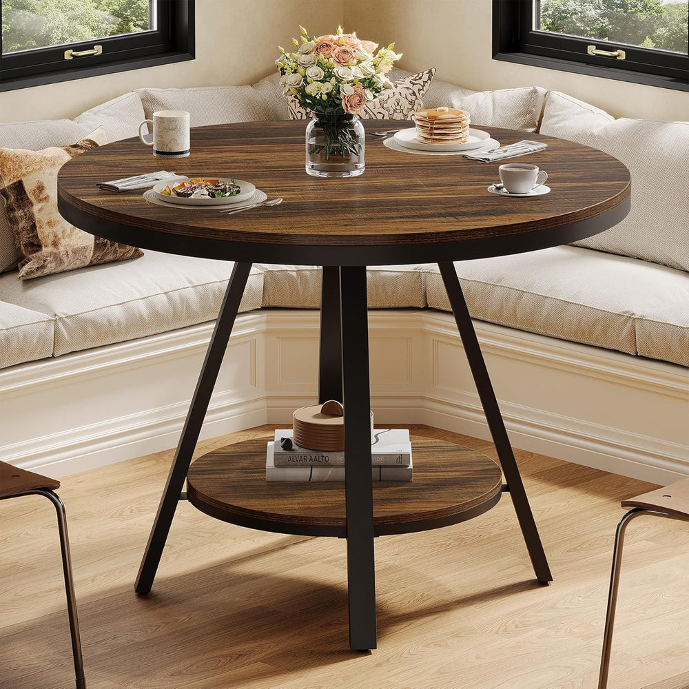 Tribesigns 2-Tier Industrial Round Dining Table, Small Kitchen Dinner Table f...