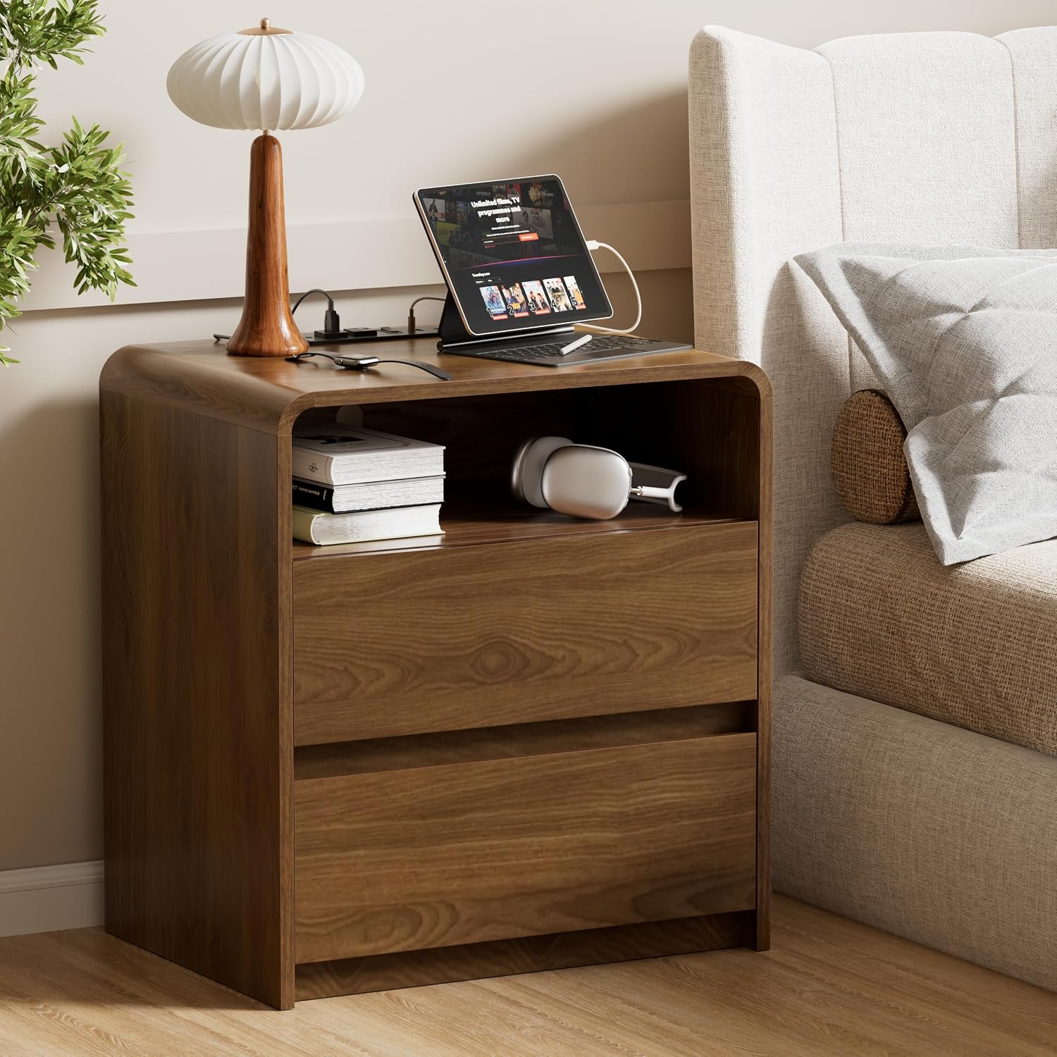 23.8" Modern Nightstand with Hidden Drawers Walnut Night Stand | Walnut Night Stand with Charger Station Soft-Close Drawers Nightstand Mid Century Bedside Table for Bedroom