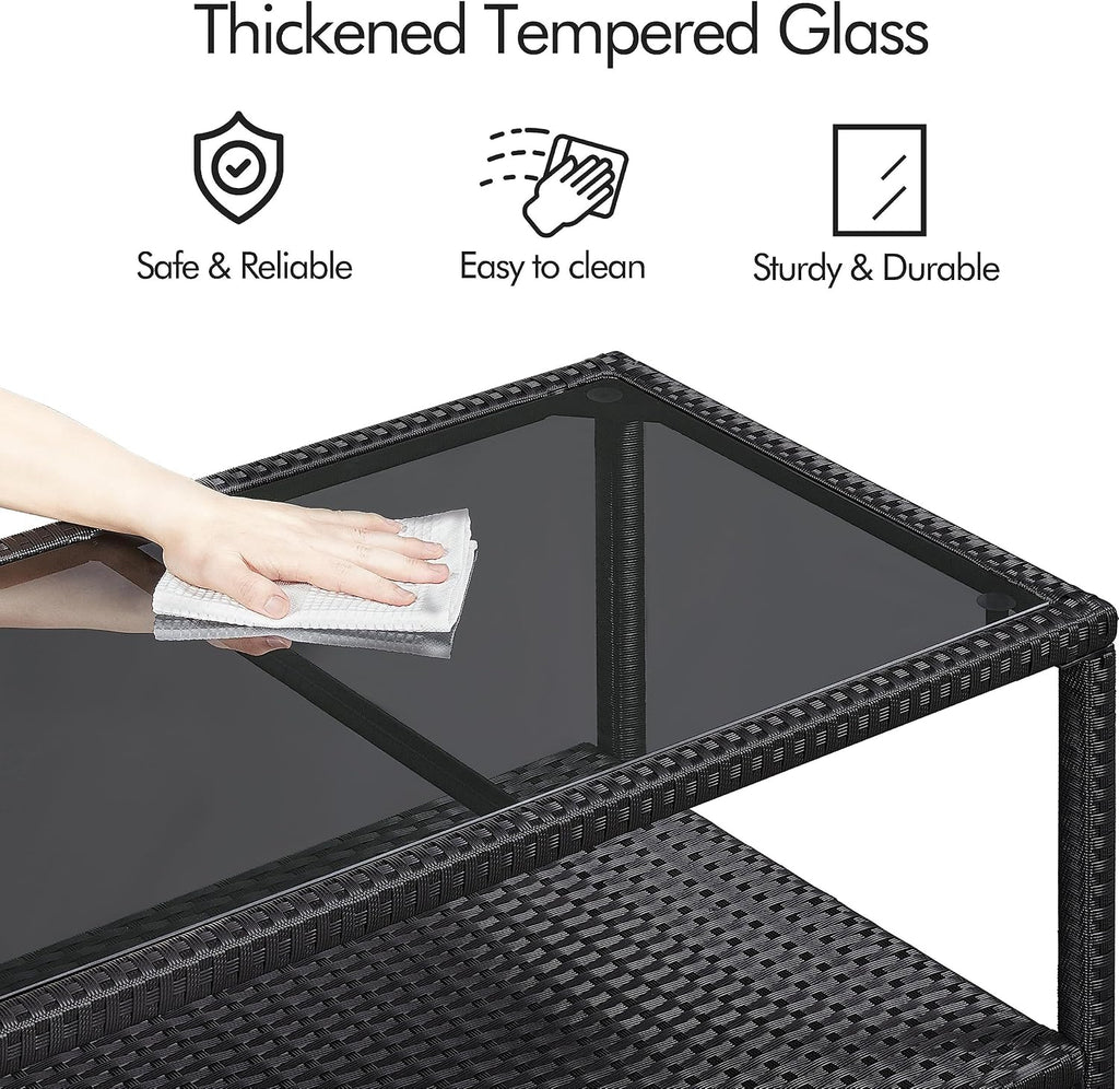 Yaheetech Outdoor Wicker Coffee Side Table with Tempered Glass Top, Black | All-Weather Rattan Patio Storage Furniture for Garden