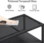 Yaheetech Outdoor Wicker Coffee Side Table with Tempered Glass Top, Black | All-Weather Rattan Patio Storage Furniture for Garden