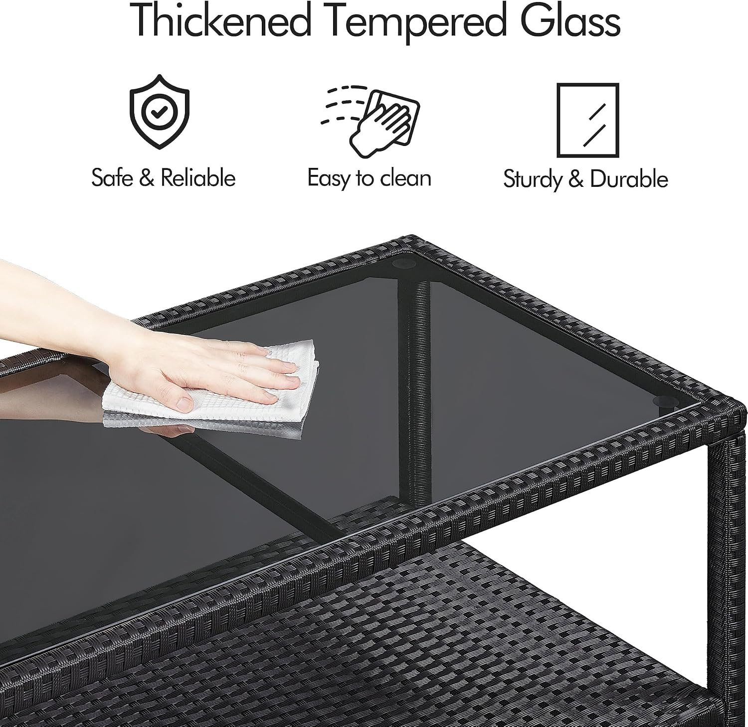 Yaheetech Outdoor Wicker Coffee Side Table with Tempered Glass Top, Black | All-Weather Rattan Patio Storage Furniture for Garden