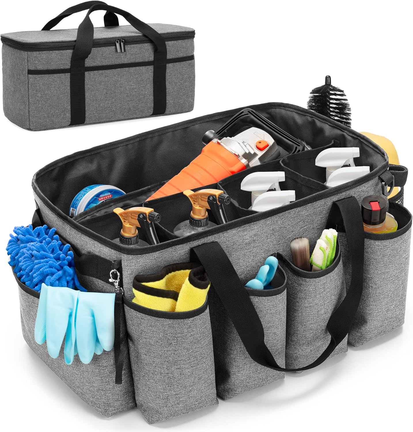 Detailing Bag with Polisher Carry Bag, Large Detail Car Care Box for Auto Detailing Supplies, Car Wash Caddy & Trunk Organizer for Buffer Bottle Towel & Cleaning Kit, Gray, Patent Design