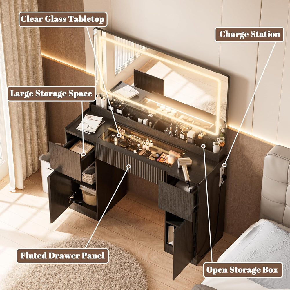 INNOD 44" Vanity Desk with Large Mirror and Lights, Modern Glass Top Mak...