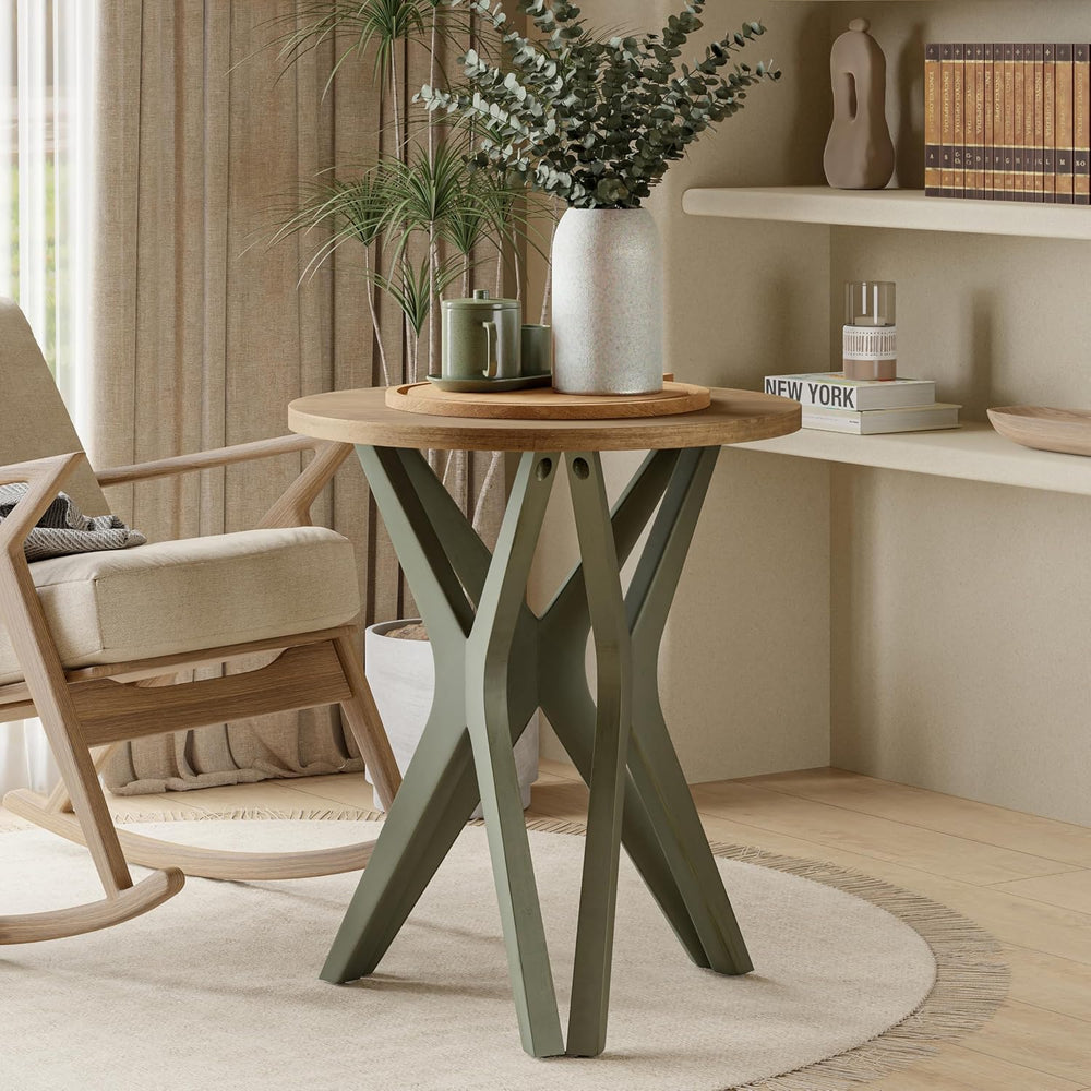 Pedestal Farmhouse End Table, Distressed Top with Tripod Base Bedside Table f...
