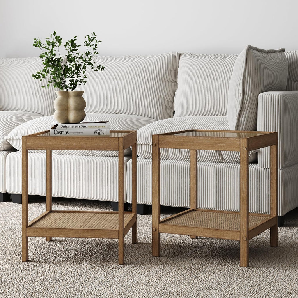 Nathan James Hayes Solid Wood Nightstand, Bedside, End or Side Table in Light Brown Wood Finish & Glass Top with Open Storage Shelf, Set of 2
