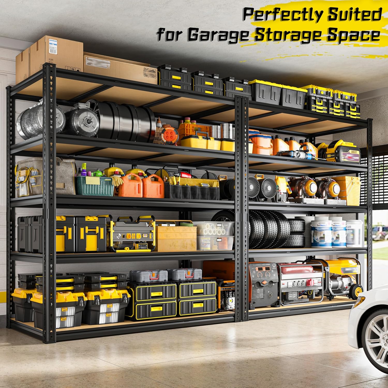 48" W Garage Shelving Heavy Duty 3200LBS Garage Storage Shelving, 5 Tier Adjustable Metal Shelving Unit Utility Rack Shelf for Warehouse, Pantry, Closet, Kitchen 72" H x 48" W x 24" D, Black,2PCS