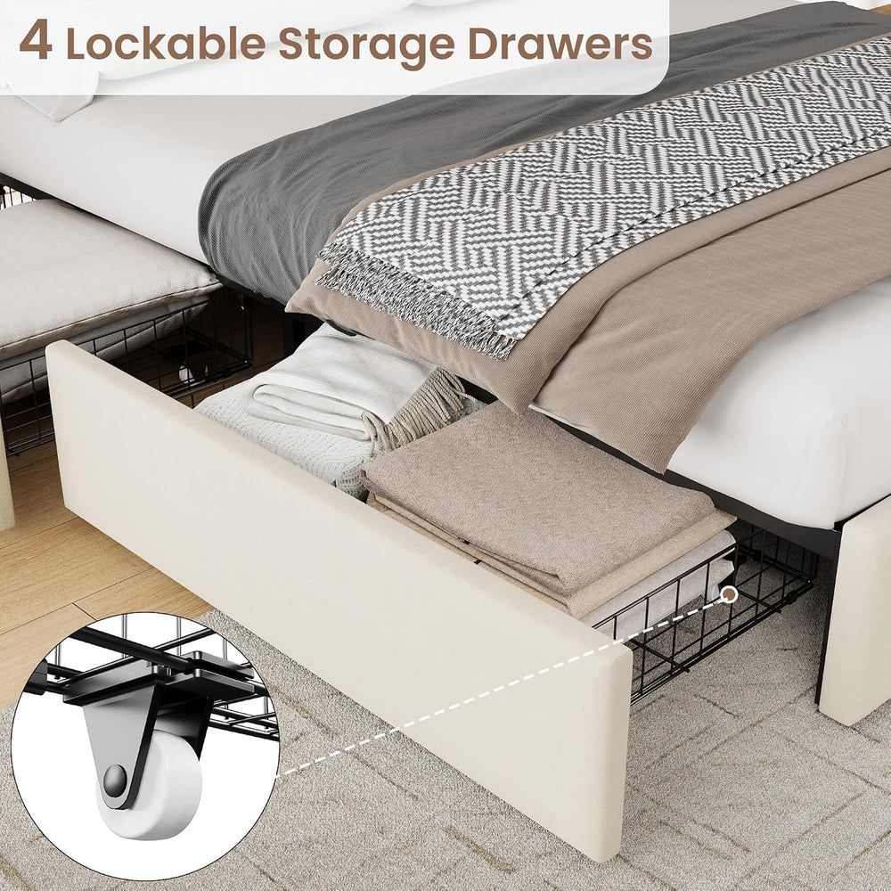 IDEALHOUSE Queen Size Velvet Upholstered Bed Frame, Beige