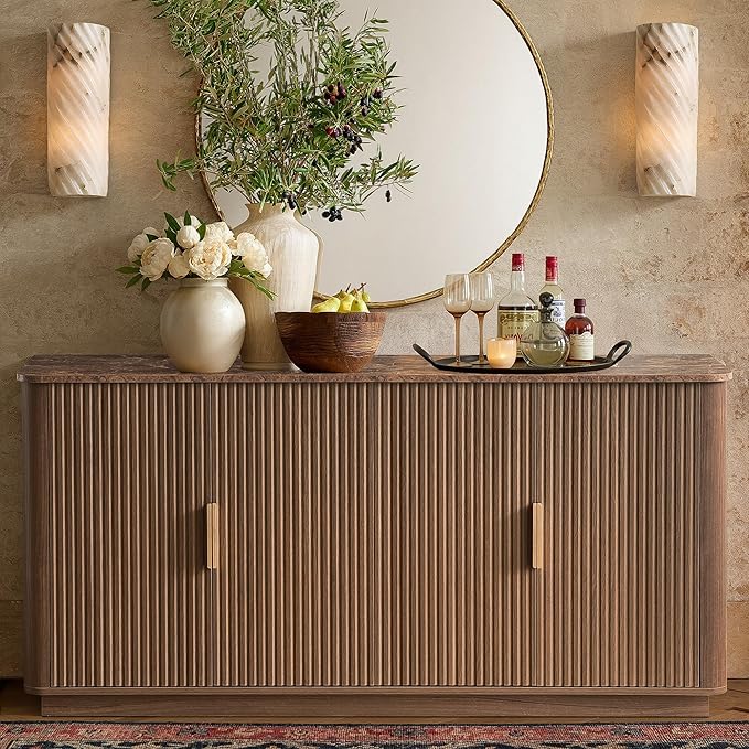 WIN2WIN 63" Fluted Sideboard Buffet Cabinet with Storage, Mid Century Modern Credenza with Faux Marble Top, Curved Corners, Wood Media TV Console Accent Cabinet for Living Room Kitchen Hallway, Walnut