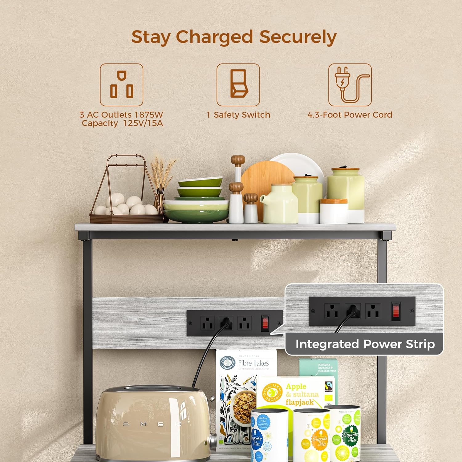VUSIGN Kitchen Bakers Rack with Power Outlet, 4 Tiers Microwave Stand with Storage, 23.6 Inch Coffee Bar Station with 6 S Hooks, Adjustable Shelf Rack for Pots/Pans/Spices, Gray