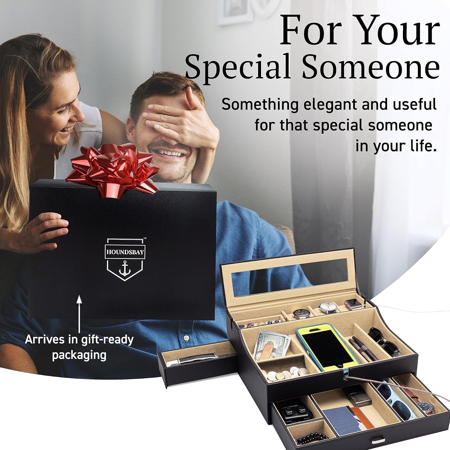 Mens Valet Box Organizer, Large Leather Valet Tray for Men, Mens Valet Tray Organizer with Charging Station, Mens Jewelry Box Organizer for EDC Valet Mens Accessories, Nightstand Bedside Dresser Top