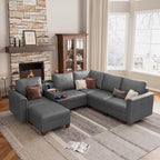 SITJOY 105" Faux Leather Modular Sectional Sofa with Storage, Mid Century Modern Sectional Couches for Living Room, 6 Seat V Shaped Couch with Ottoman and Console Table, Hidden Cupholders, Gray