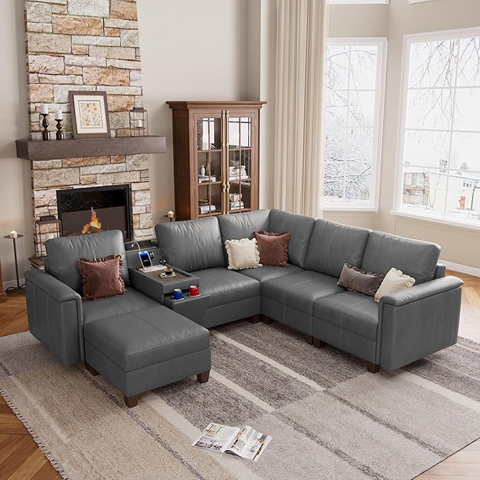 SITJOY 105" Faux Leather Modular Sectional Sofa with Storage, Mid Century Modern Sectional Couches for Living Room, 6 Seat V Shaped Couch with Ottoman and Console Table, Hidden Cupholders, Gray