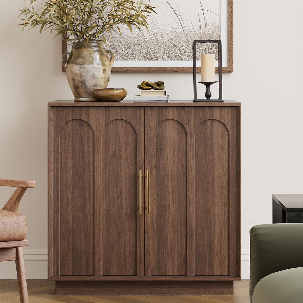 FORTUNETEC 31.5" Sideboard Buffet Cabinet with Storage, Walnut, 3pcs | Wood Modular Media Console, Mid Century Modern Credenza with Arched Doors for Living Room Kitchen Dining Room Entryway
