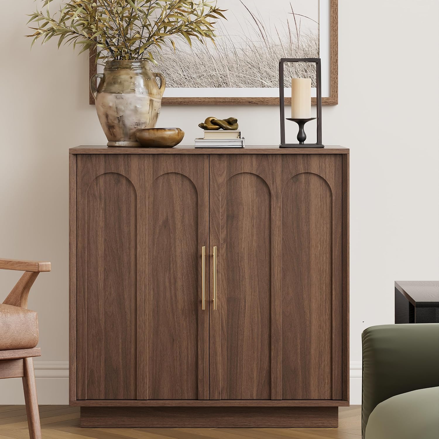 FORTUNETEC 31.5" Sideboard Buffet Cabinet with Storage, Walnut, 3pcs | Wood Modular Media Console, Mid Century Modern Credenza with Arched Doors for Living Room Kitchen Dining Room Entryway