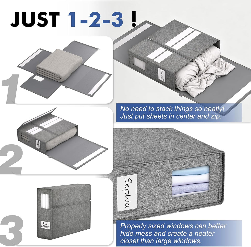 Furnhome Bed Sheet Organizers and Storage 3 Pack, Foldable Linen Closet Organizer Box with Clear Window, Labels & Reinforced Handles, Stackable Space Saving Bedding Storage for King Queen Sheet Set