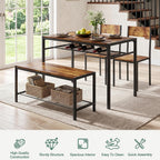 VECELO Kitchen Dining Room Table with 2 Chairs & Bench, Compact Space-Saving Design, Easy Assembly Steel Frame, Perfect for Small Apartments & Breakfast Nooks，Dark Brown