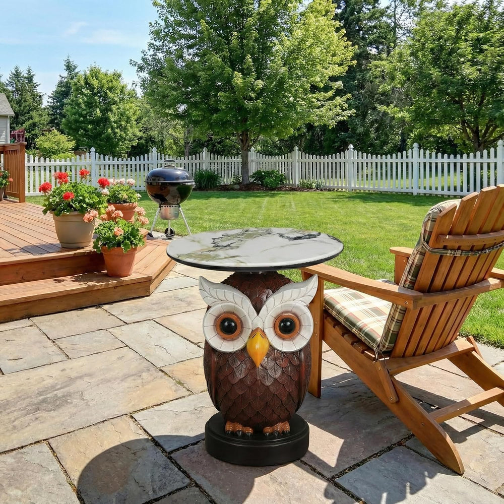 Virubi Owl Accent Table Animal Statue End Table, Round Faux Marble Top Side T...