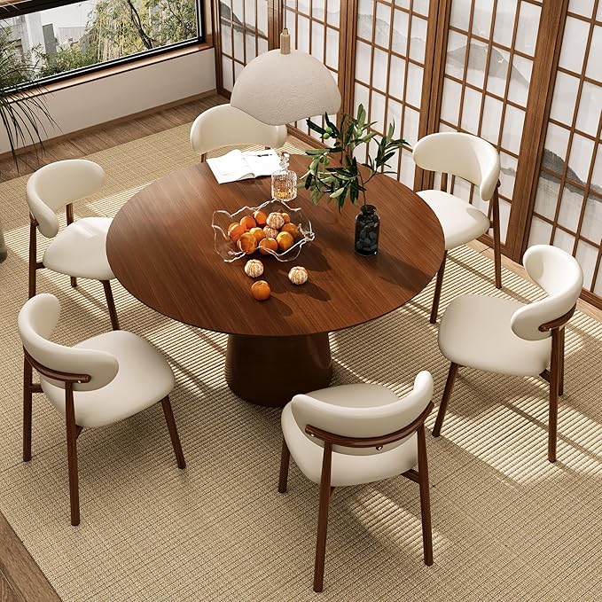 Kitchen Dining Chairs Set of 4 Modern Upholstered Leather Farmhouse Dining Room Chair with Metal Legs, Walnut/Beige