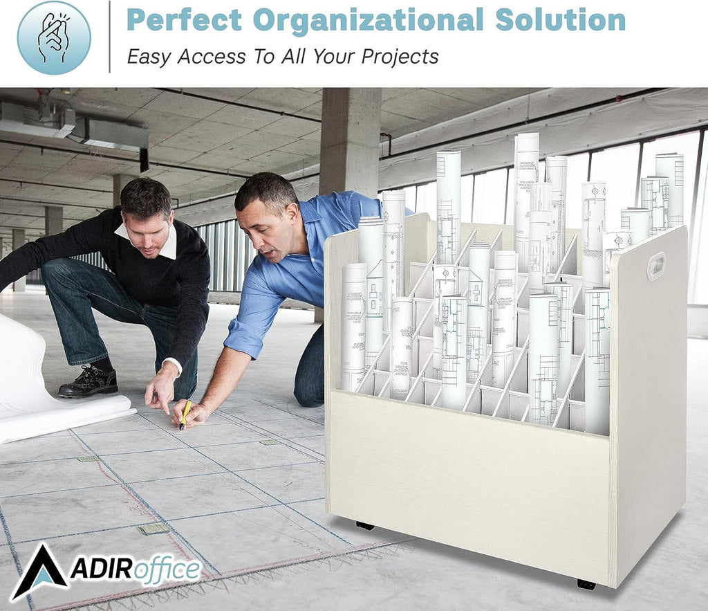 AdirOffice Adir Blue Print Storage Organizer - Mobile Roll File Cart, Construction Plan Holders, Blueprint Cabinet with Wheels, Roll Files Storage for Office and Home (50 Slots, White)