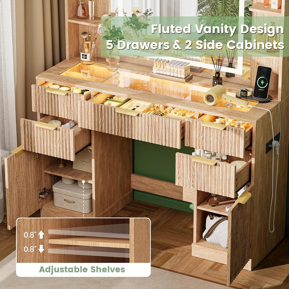 Fluted Vanity Desk with 30.2" Mirror and Lights, Glass Top Makeup Vanity...