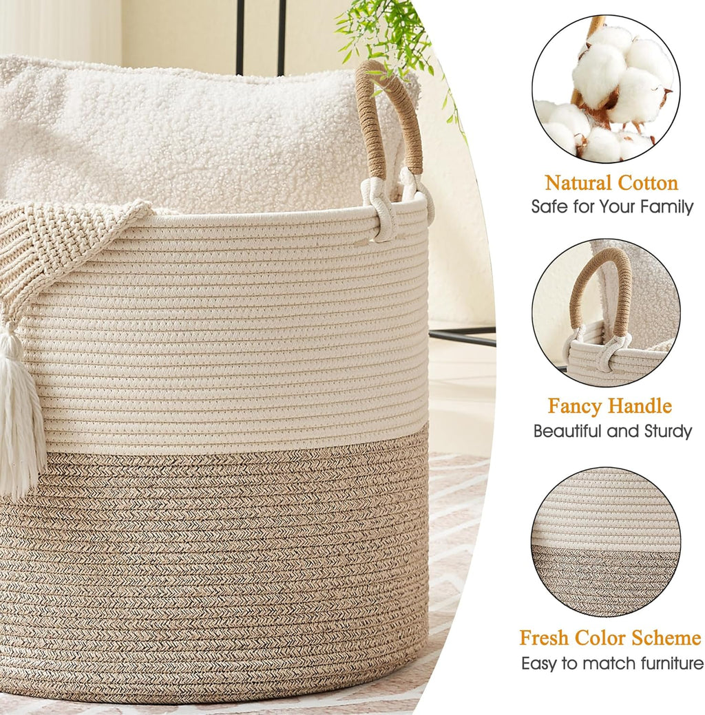 KAKAMAY Large Blanket Basket (18"x18"x16"), Woven Baby Laundry Hamper for Storage, Cotton Rope Basket for Nursery, Laundry, Living Room, Pillows, Baby Toy Chest with Handles (Black Stripes)