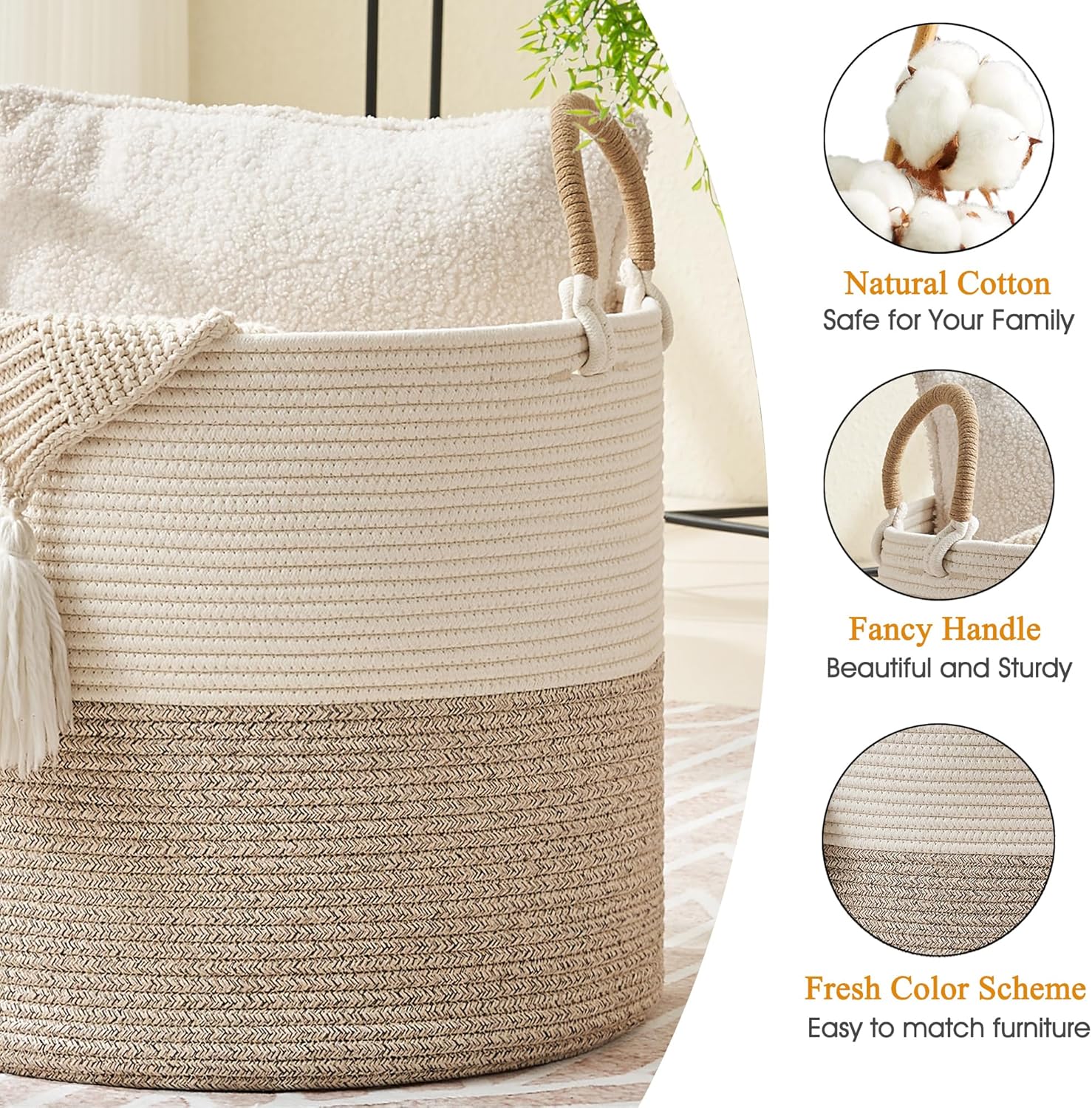 KAKAMAY Large Blanket Basket (18"x18"x16"), Woven Baby Laundry Hamper for Storage, Cotton Rope Basket for Nursery, Laundry, Living Room, Pillows, Baby Toy Chest with Handles (Black Stripes)