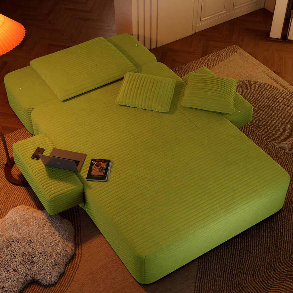 Avenix 70" Boneless Oversized Chaise Lounge Chair Indoor, Corduroy Comfy Oversized Reading Sleeper Chair Boneless Sofa Couch Bed with 3 Pillows, No Assembly Required, Light Green