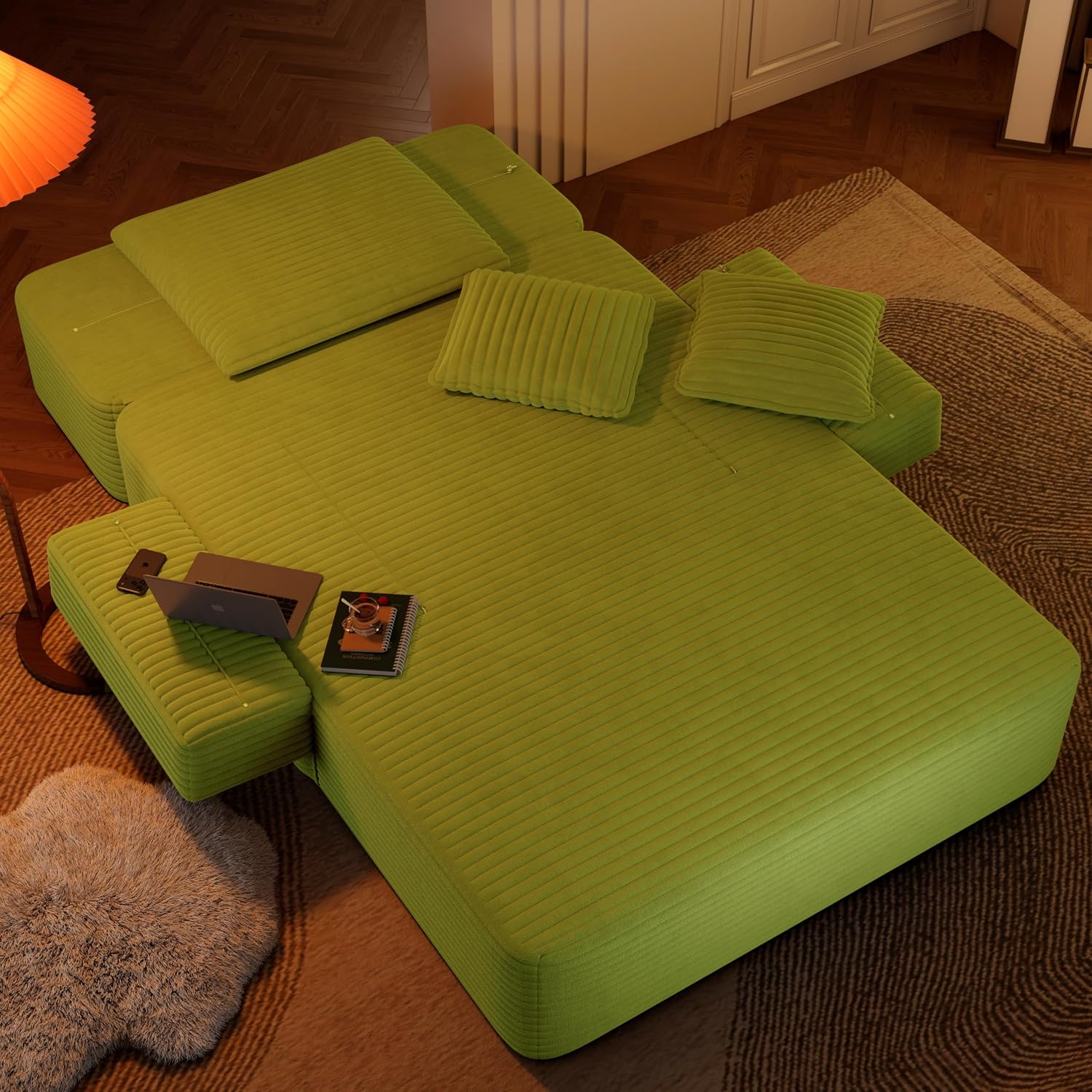 Avenix 70" Boneless Oversized Chaise Lounge Chair Indoor, Corduroy Comfy Oversized Reading Sleeper Chair Boneless Sofa Couch Bed with 3 Pillows, No Assembly Required, Light Green