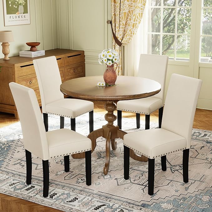 LSSPAID Dining Chairs Set of 4, Fabric Upholstered Dining Room Parson Chair with Nailhead Trim and Solid Wood Legs for Home and Kitchen, Beige