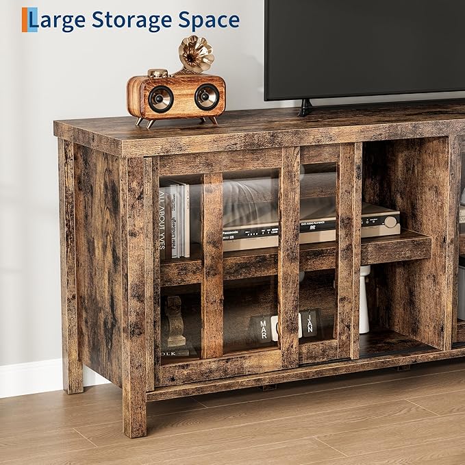 GAOMON TV Stand for 65" with Entertainment Center, Storage Cabinet, 4 Sliding Glass Doors, Mid Century Modern Media TV Console Table for Living Room Bedroom, Retro Brown