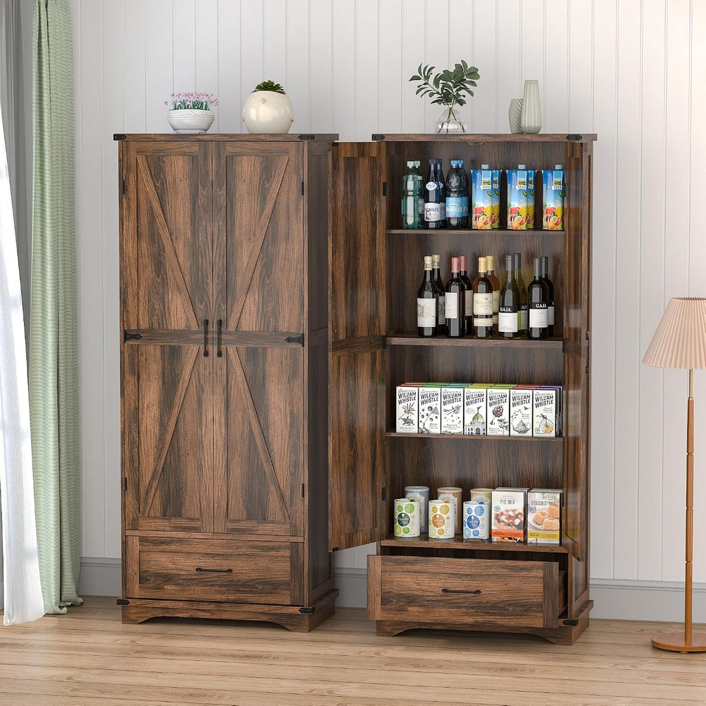 71" Farmhouse Kitchen Pantry Storage Cabinet with Drawer & 2 Barn Do...