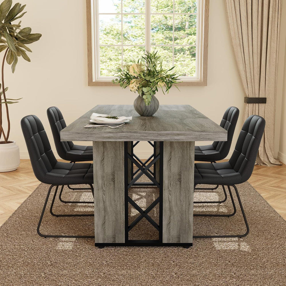 HIPIHOM 7-Piece Dining Table Set for 6, Grey Table with 6 PU Black Chairs | T...