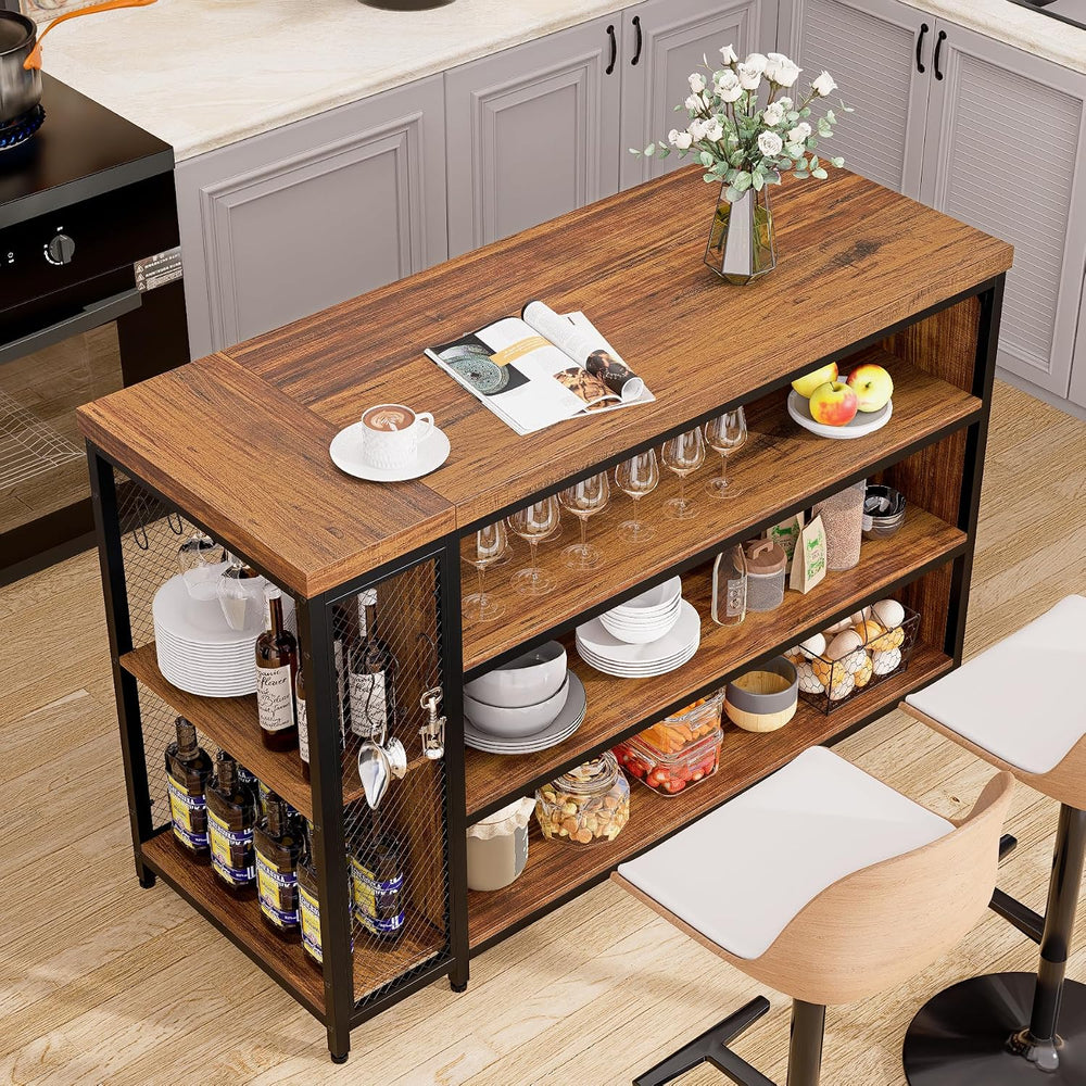 55" Kitchen Island with Seating & Storage, Farmhouse Island Table wi...