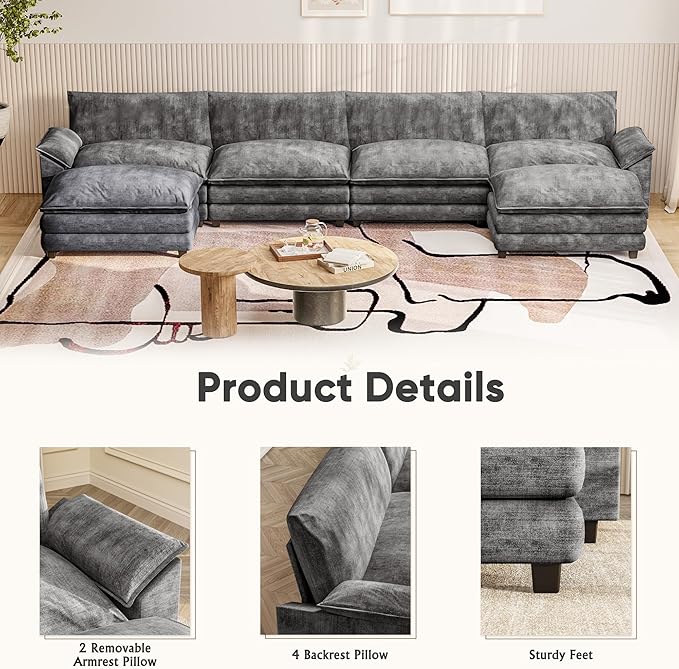 Furniwell 159" Modern Couches Sectional Sofa with Movable Ottoman, U Shaped Sofa Couch with Comfy Chenille and Deep Seat, 4-Seat Cloud Couch for Living Room, Bedroom and Apartment
