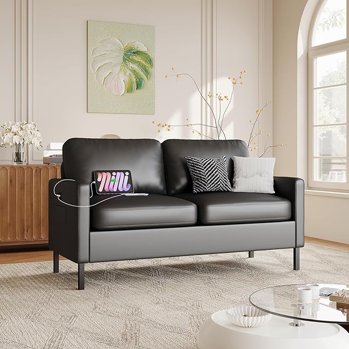 STHOUYN 56" W Faux Leather Loveseat w/ 2 USB, Black Love Seat w/Side Pockets, Small Loveseat for Small Space, Leather Couch for Bedroom, Apartment, Dorm, Black