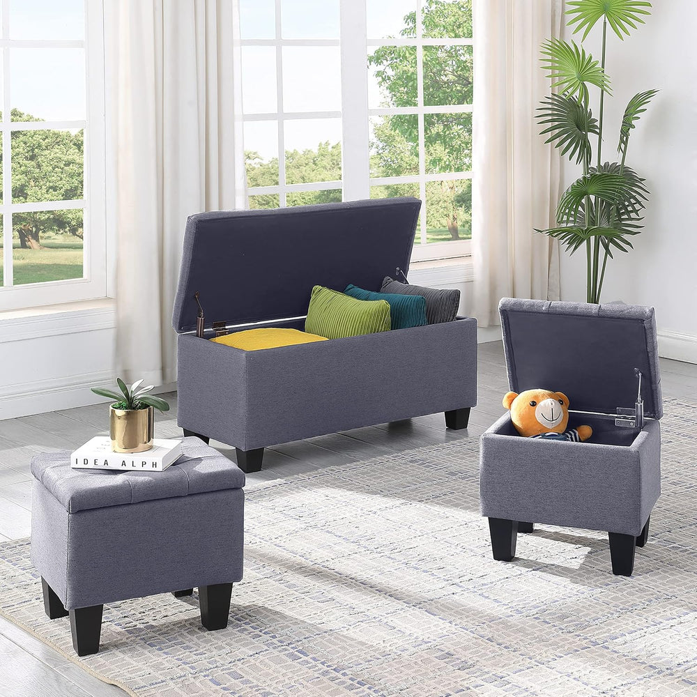 38'' Hinged Storage Ottoman w/Small Foot Stools, Set of 3, Grey