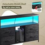 Romorgniz Black TV Stand for 45/50" TVs, 5 Deep Drawers&Led Lights&Outlets | Small Dresser For Bedroom&Studio,Strong Metal Frame For Stability,Spacious Shelves Display Collections&Keep Things Organized