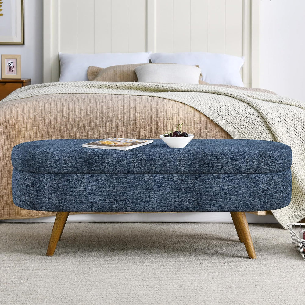 43.5" Storage Ottoman Bench, Dark Blue | Safety Hinge, Linen, Upholstere...