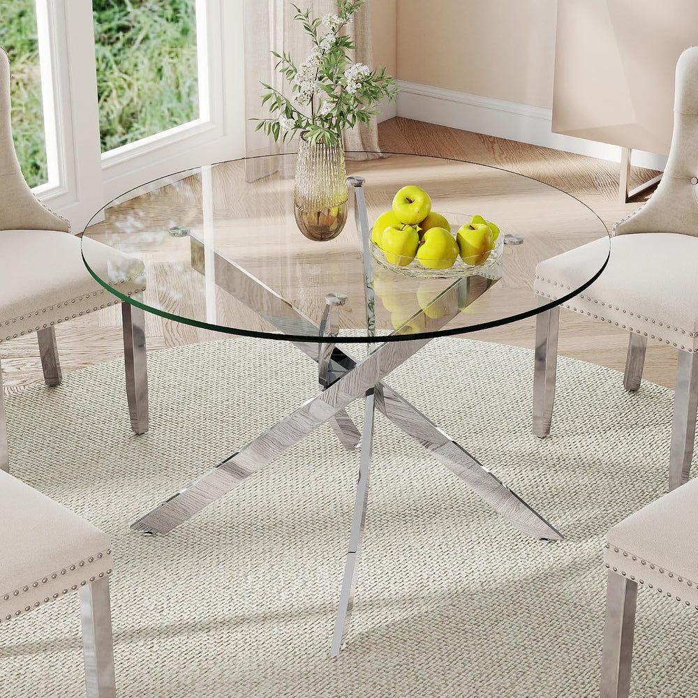 36-Inch Round Tempered Glass Dining Table for 2-4 Person Space-Saving Small K...