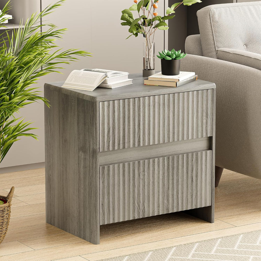 Fluted Nightstand, 23" Wood Bedside Table with 2 Storage Drawers, Modern Night Stand for Bedroom, Office, Grey