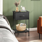 WLIVE Night Stand Set 2, Black Nightstand with Fabric Storage Drawer and Open Wood Shelf, Nightstand Set of 2 with Steel Frame, Side Table for Bedroom, Dorm, Charcoal Black, 25.03" Height