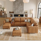 SITJOY 132" Faux Leather Modular Sectional Sofa with Storage, Mid Century Modern Sectional Couches for Living Room, 8 Seat V Shaped Couch with Ottoman and Console Table, Hidden Cupholders, Brown