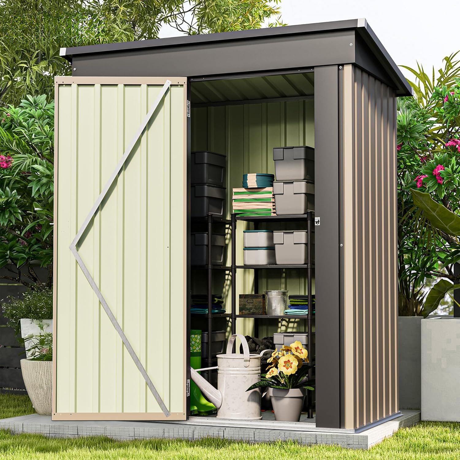 Patiowell 5x3 FT Outdoor Storage Shed, Tool Shed with Sloping Roof and Lockable Door, Metal Shed for Backyard Garden Patio Lawn, Brown
