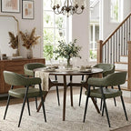 HNY Modern Dining Room Arm Chairs Set of 4, Green Retro Faux Leather Upholstered Barrel Dining Chairs with Arms Mid-Century Accent Chair with Metal Legs, Open-Back Kitchen Side Chairs for Living Room
