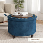 24 Inch Round Storage Ottoman,Modern Tufted Ottomans,Circular Coffee Table with Removable Top,Upholstered Large Ottoman with Storage Footrest Stool for Bedroom Living Room (Blue)