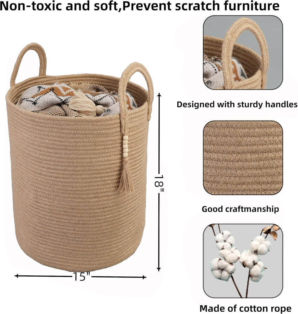 XUANGUO Rope Laundry Basket Laundry Hamper for Clothes Jute | Baby Nursery Hamper Bin and Woven Storage Basket for Living Room Bedroom Boho Tall Rope Baskets Blankets Toys Pillows Towels