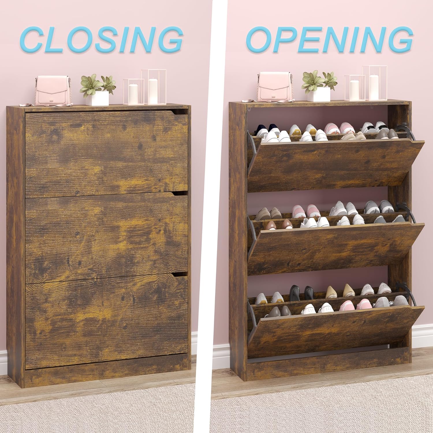 Shoe Cabinet with 3 Flip Drawers, Hidden Wood Shoe Cabinet,Freestanding Shoe Storage Cabinet for Entryway Hallway