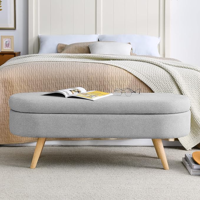 Ottoman Oval Storage Bench with Rubber Wood Legs,Linen Fabric Storage Footstool,for Bedroom, Entryway, Living Room, Grey(43.5"x16"x16")
