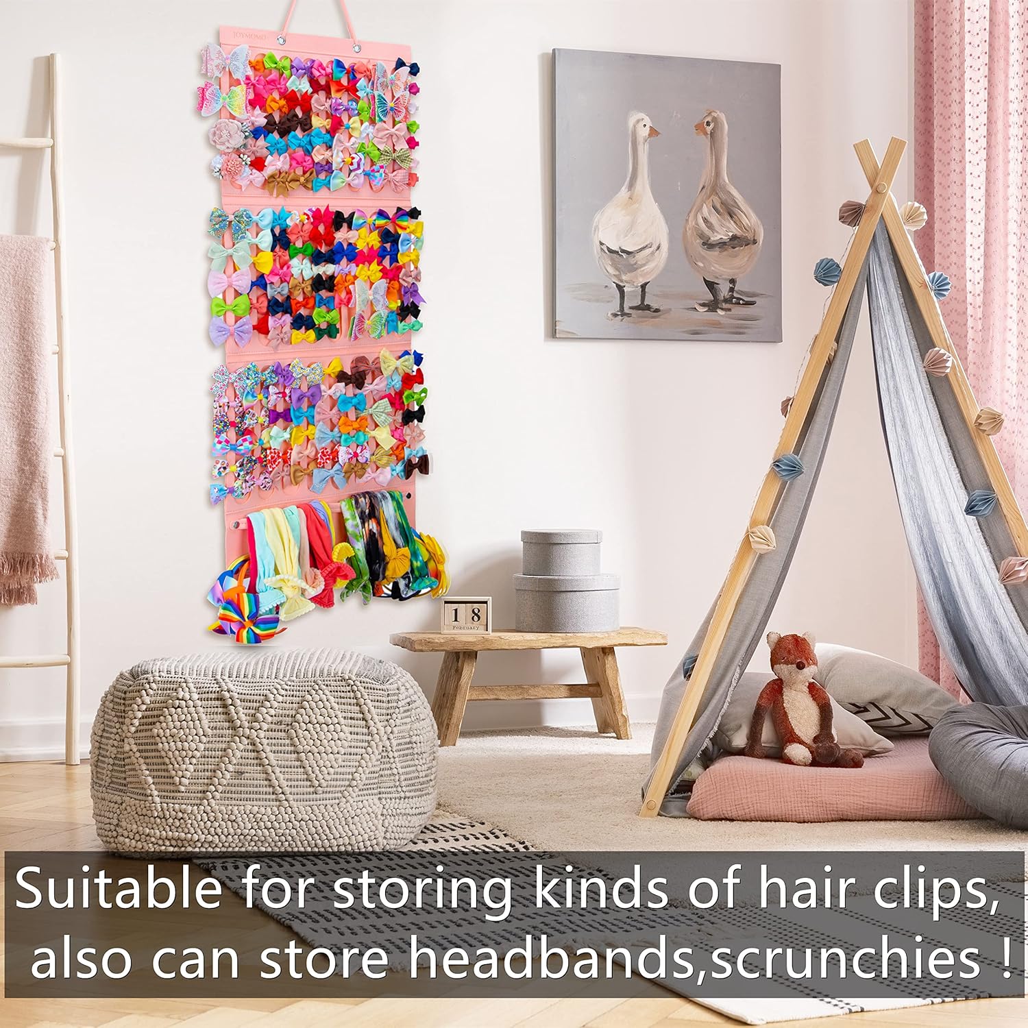 Girly Pink Hair Accessory Organizer - Holder for Girls' Hair Bows, Clips, Ties & Scrunchies - Foldable Wall Mount Storage Caddy