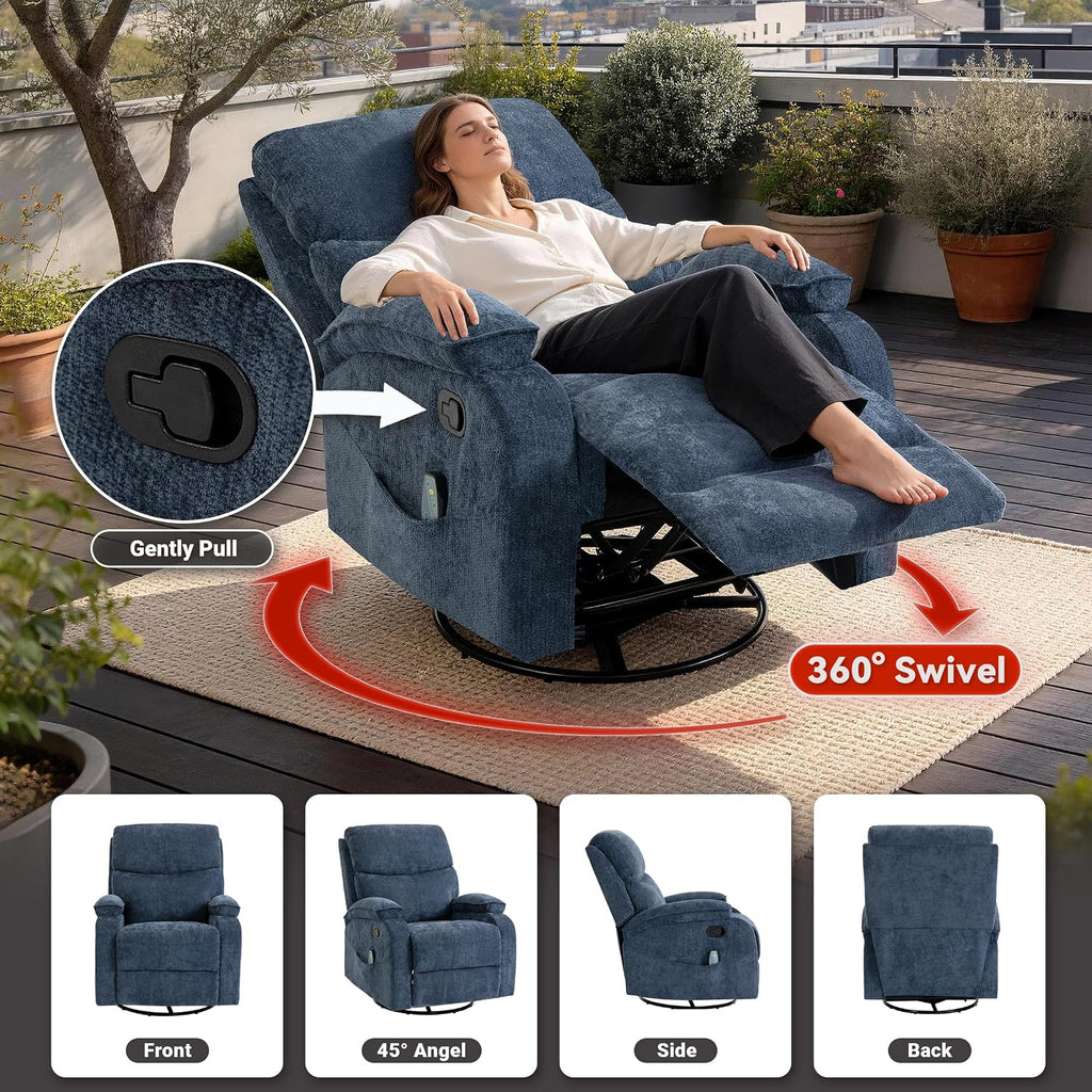 360° Swivel Rocking Recliner Chair, Massage Lazy Recliner, Small Spaces Recliner for Living Room, Bedroom and Nursery, Navy Blue Chenille